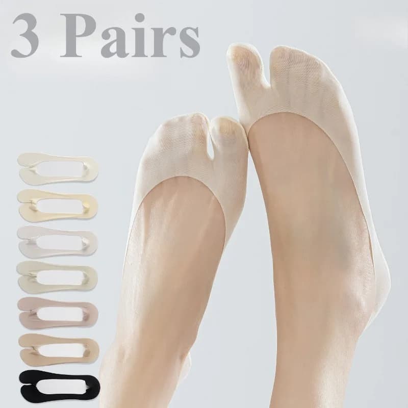 3Pairs/set Tabi Socks Women's Summer Thin Invisible No-show Socks Silicone Non-slip Solid Color Casual Cotton Low Cut Toe Socks