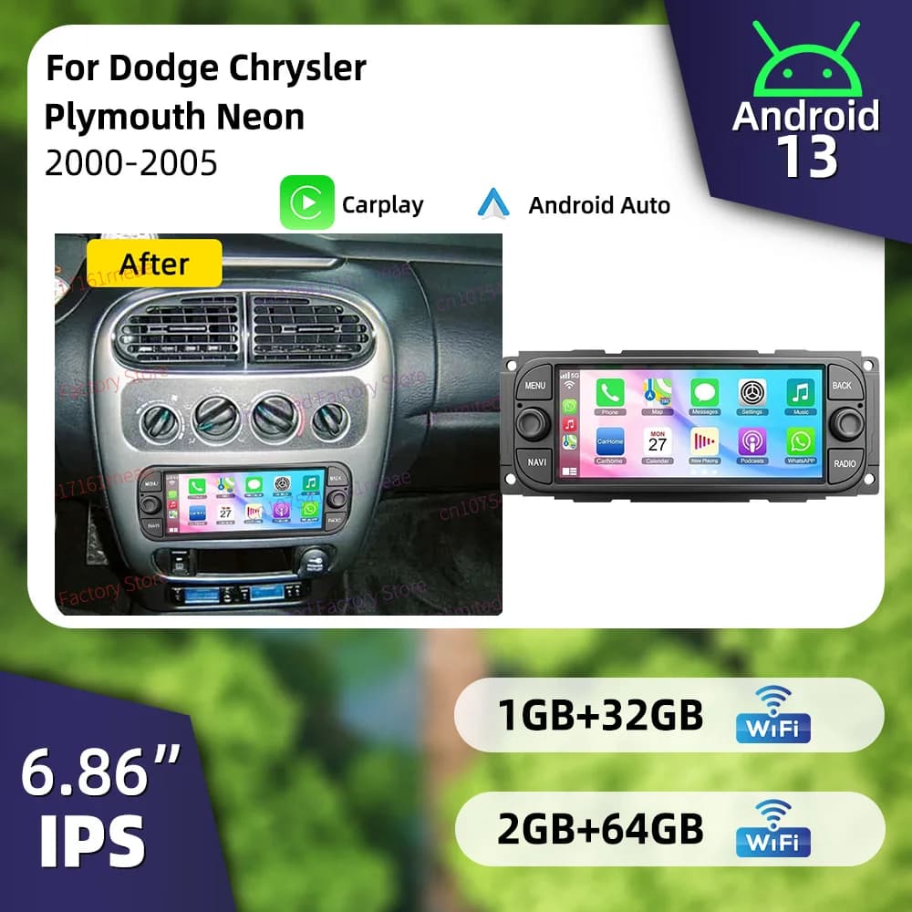 6.86" Carplay Autoradio Android 13 Car Multimedia for Dodge Chrysler Plymouth Neon 2000-2005 1 Din Radio GPS Head Unit Stereo