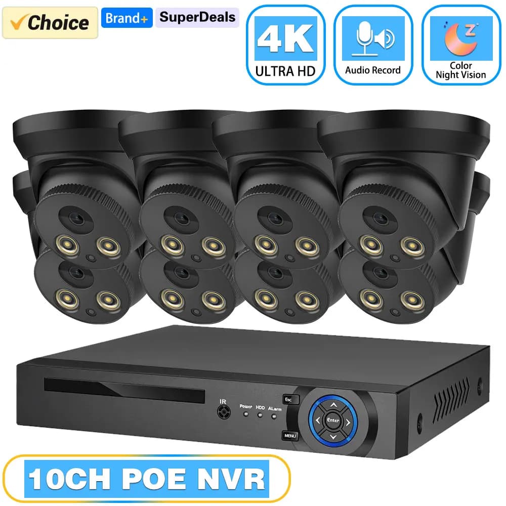 Sistema di Videosorveglianza NVR 4K a 10 Canali con Telecamere IP Dome 8MP POE, Rilevamento Audio e Movimento, Visione Notturna a Colori, Kit CCTV