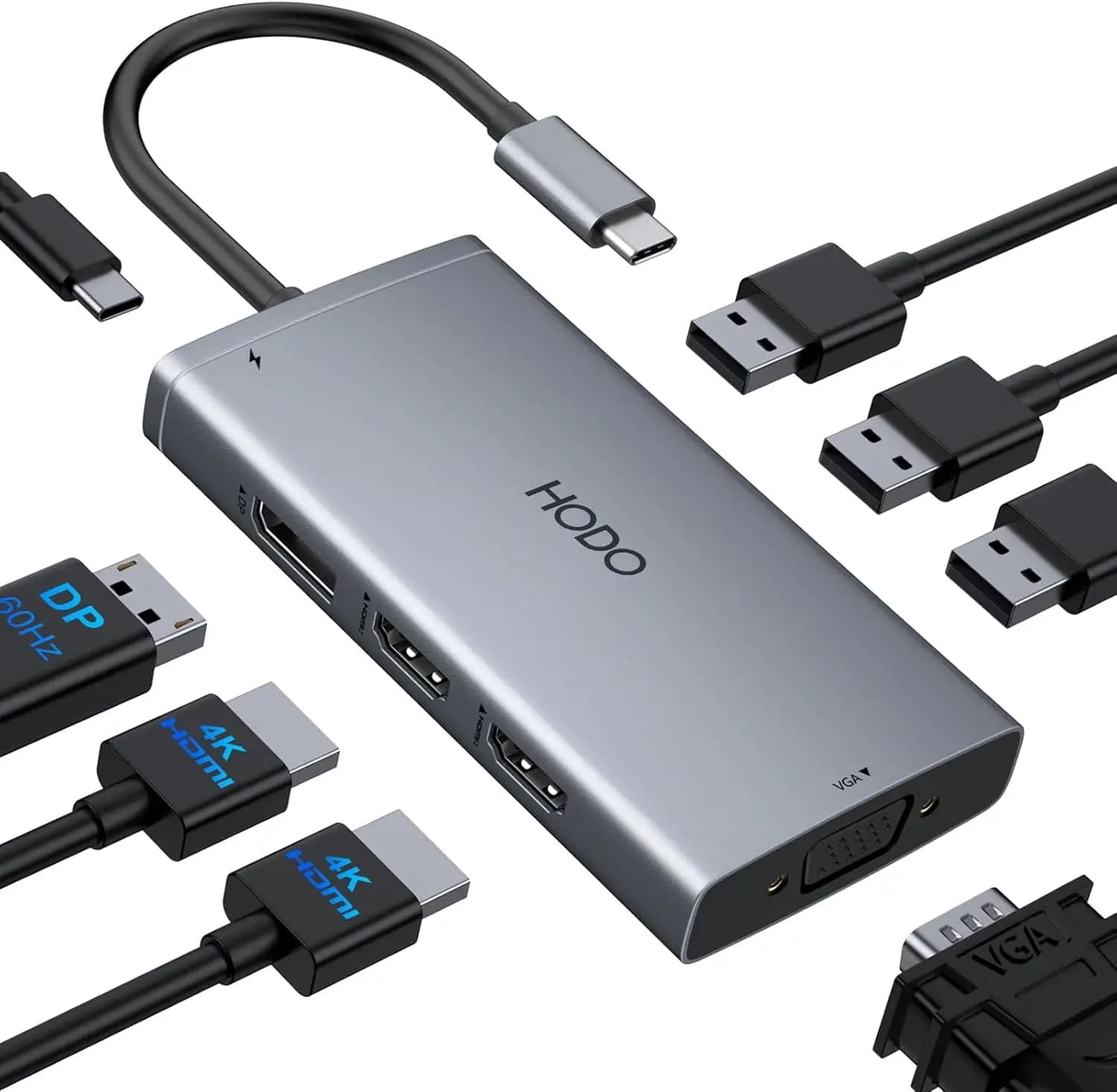 Docking station USB-C 8 in 1 con display quadruplo 4K, ricarica PD 100 W, porte HDMI/DP/VGA per laptop