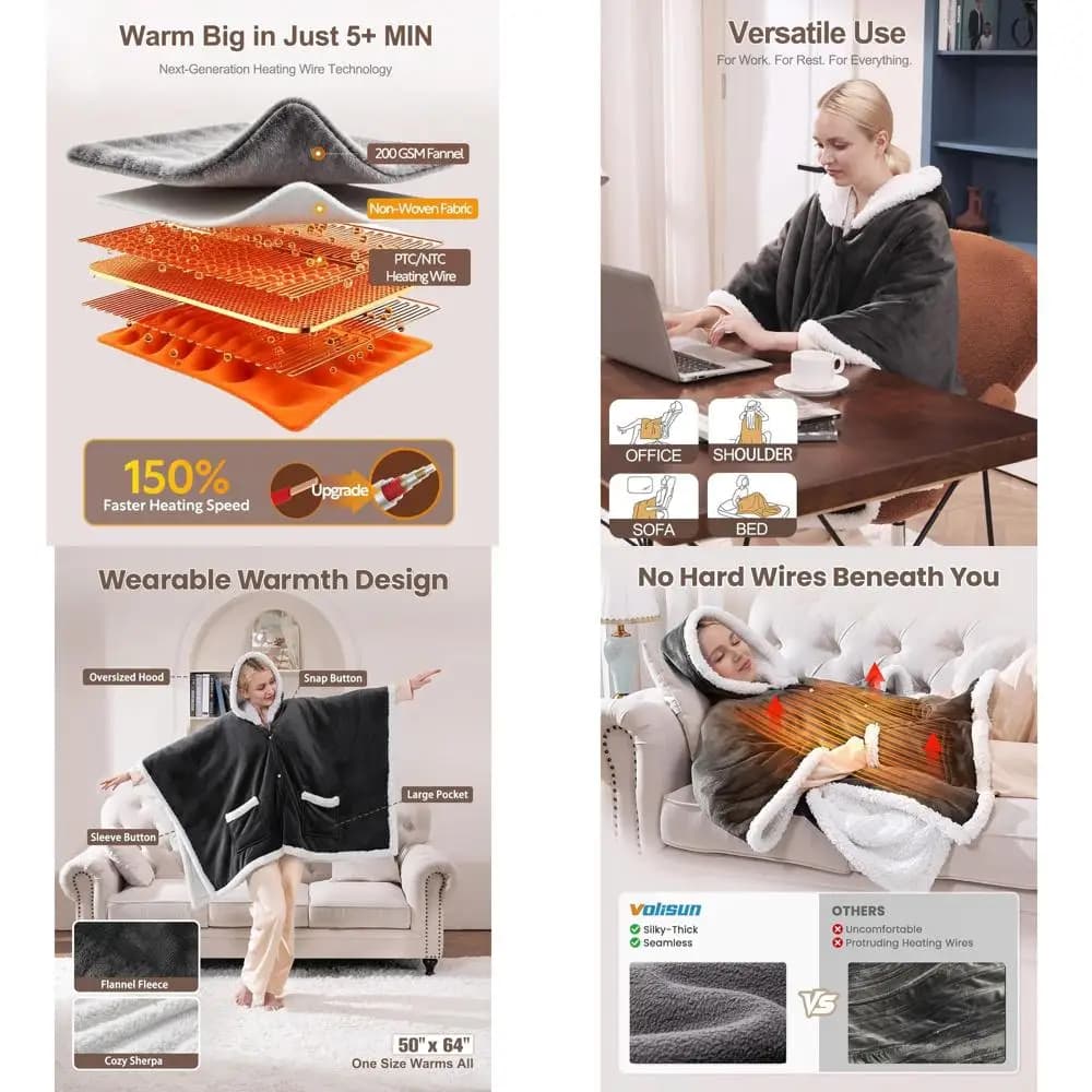 Coperta riscaldata elettrica con scialle, calore a 9 livelli e timer da 1 a 10 ore, grigia per donne e nonne