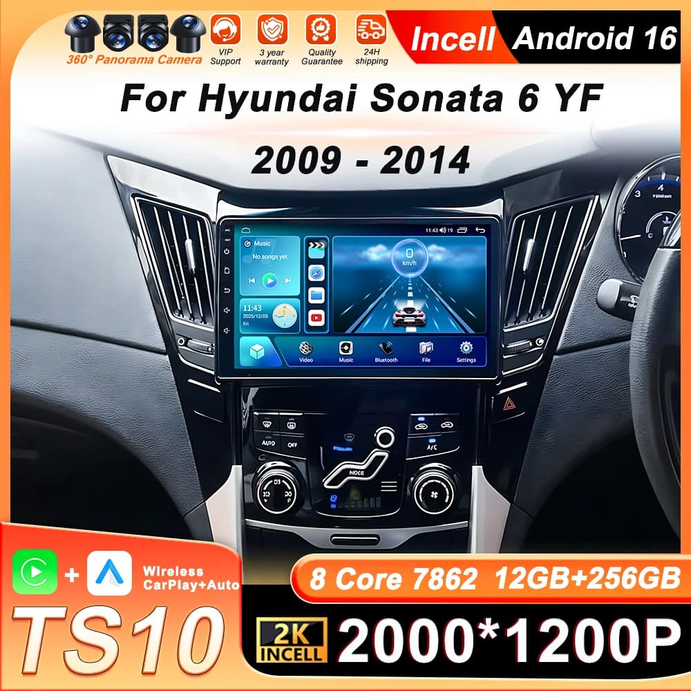 Autoradio Multimediale Android 16 per Hyundai Sonata 6 YF 2009 - 2014, Carplay, Stereo, Navigazione GPS, 4G
