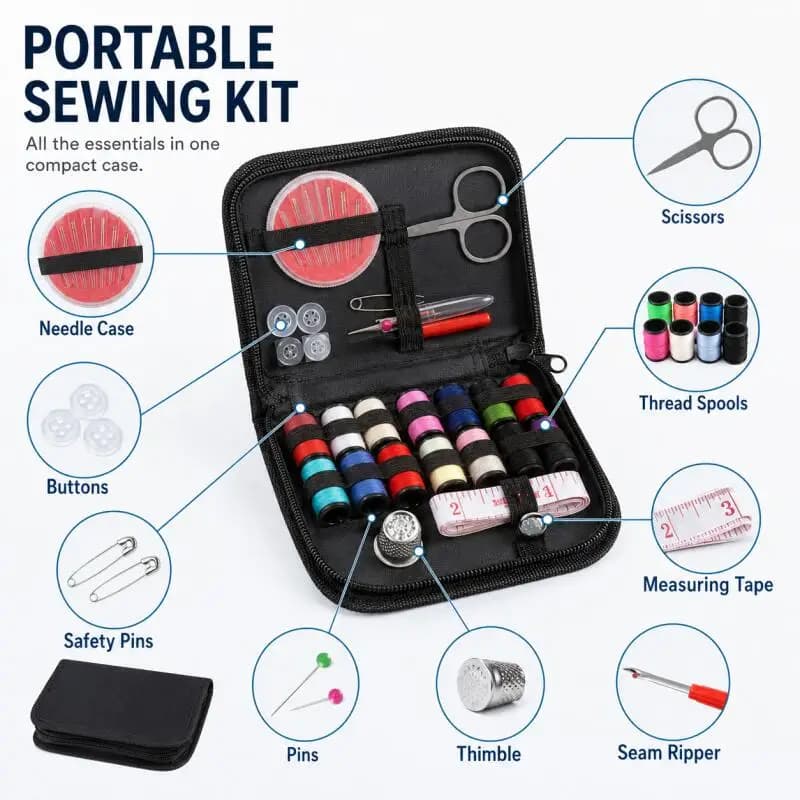 Portable Sewing Kit for Beginners & Pros, Complete Set with Needles Thread Scissors, Compact Travel Accessory Box