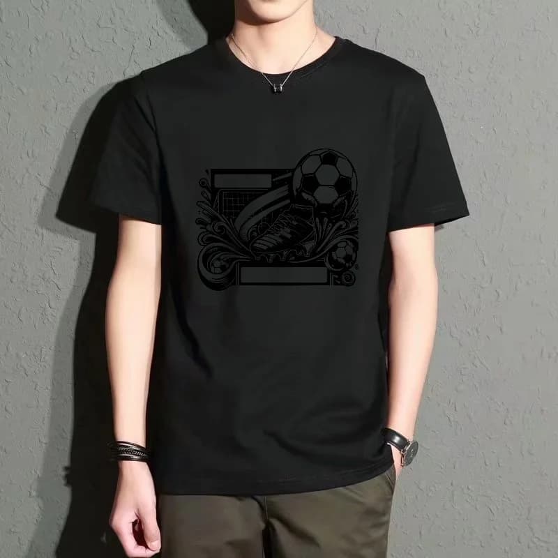 Men's Black Round-Neck Short-Sleeved T-Shirt with Football Print Pattern, Casual Top, Versatile for Everyday Street Sports, Comfortable, Breathable and Trendy Item