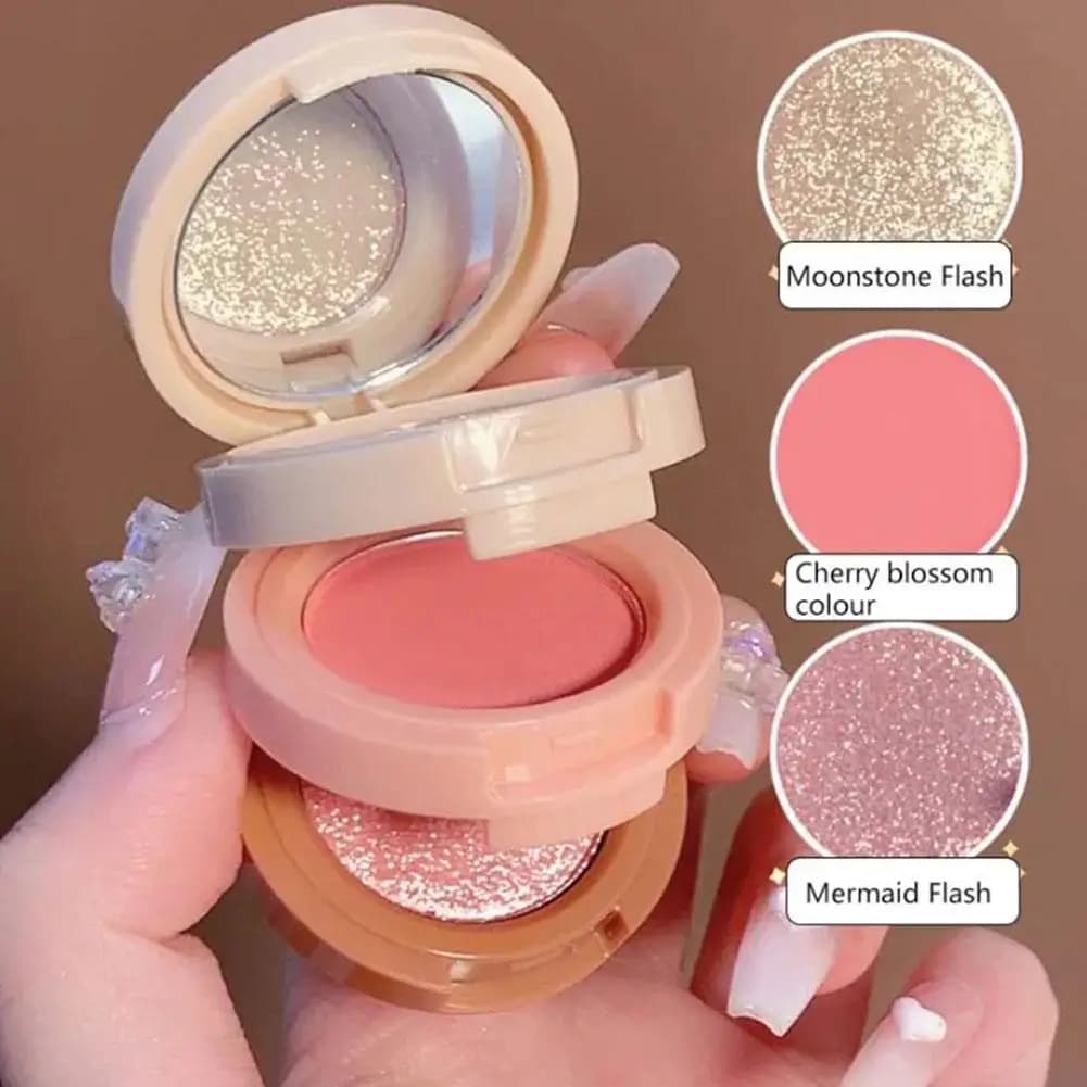 Palette Blush 3-in-1 con Illuminante Pressato, Trucco a Lunga Durata Impermeabile, Texture Opaca e Brillante, Glitter a 3 Strati, Polvere Perlata