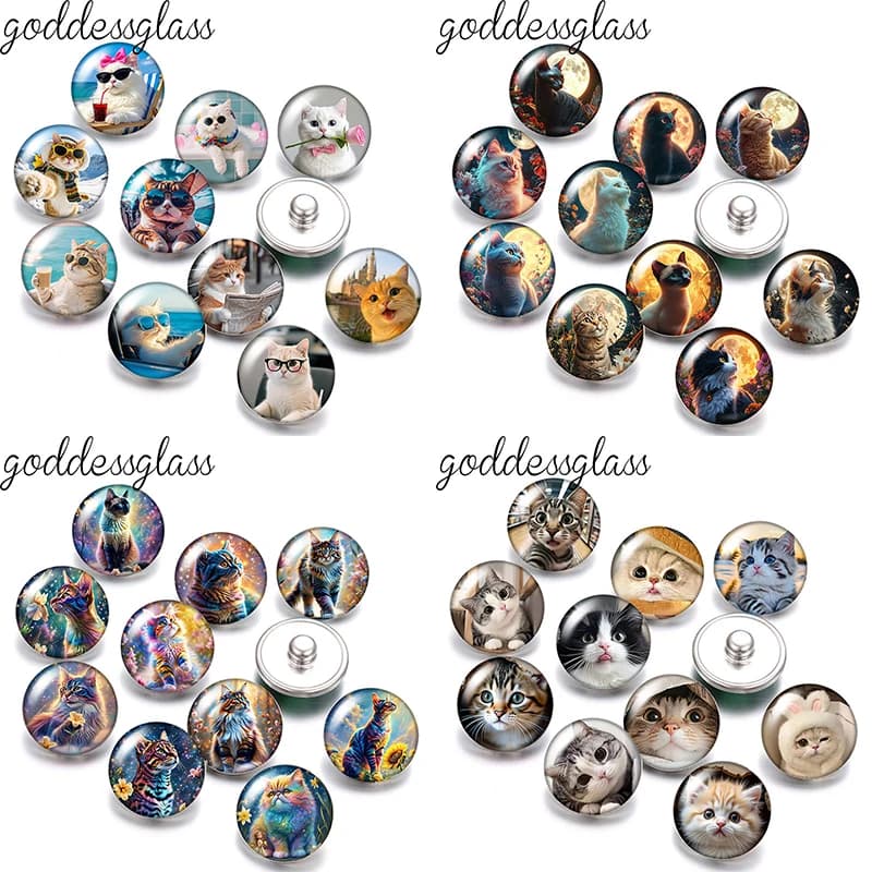 10pcs mixed Cute Cat Moon Flowers Lovely Cats Photo 12mm/18mm snap buttons for 12mm/18mm snap bracelets DIY jewelry