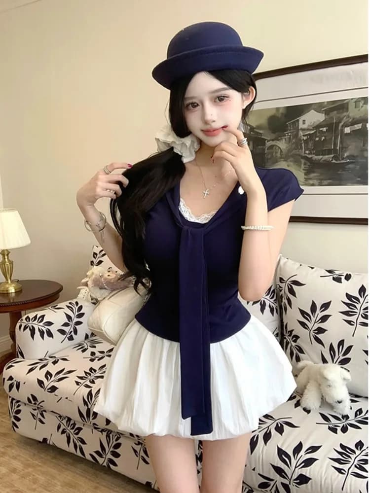 Chic Casual Navy Collar Lace Splice Design Slim Fit T-Shirt Puffy Flower Bud Skirt Pants Fashionable Two-Piece Set for Women