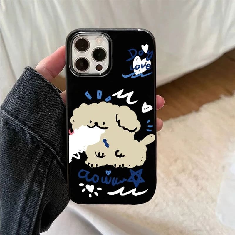 Ins Blue White Graffiti Puppy Black Phone Case For iPhone 17 Air 16 15 14 13 12 11 Pro Max 8 7 Plus Mini XR XS X Anti-Drop Cover