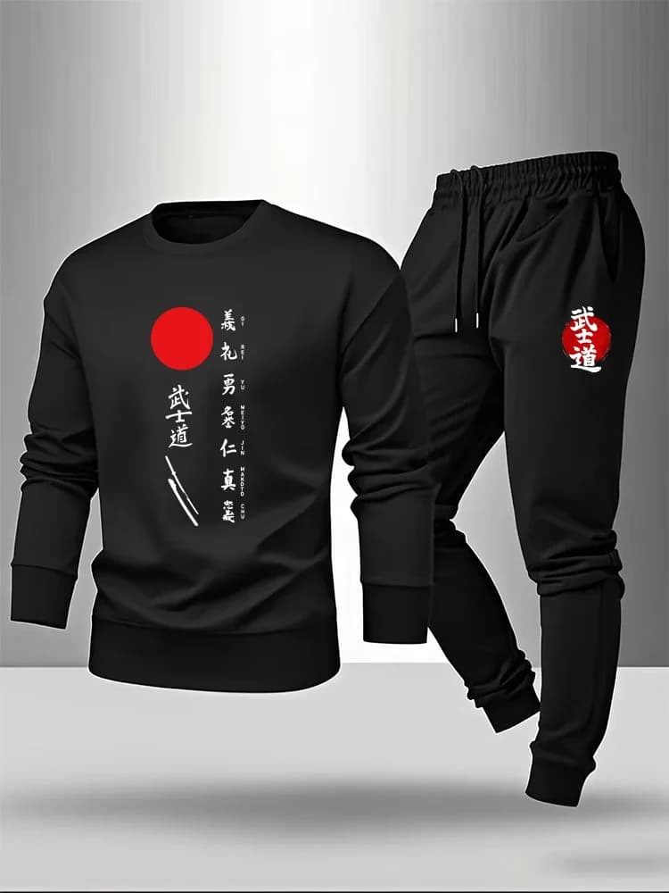 Set Uomo Stile Bushido Giapponese: T-shirt a Maniche Lunghe e Pantaloni Sportivi, Outfit Casual Autunnale con Felpa Girocollo