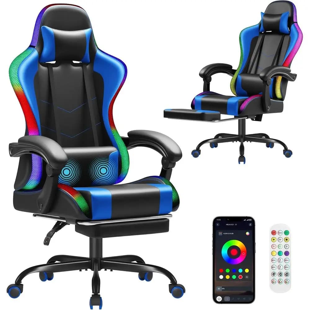 Sedia da Gaming Ergonomica Girevole con Supporto Lombare, Altezza Regolabile, Reclinabile e Massaggiante (RGB Blu)