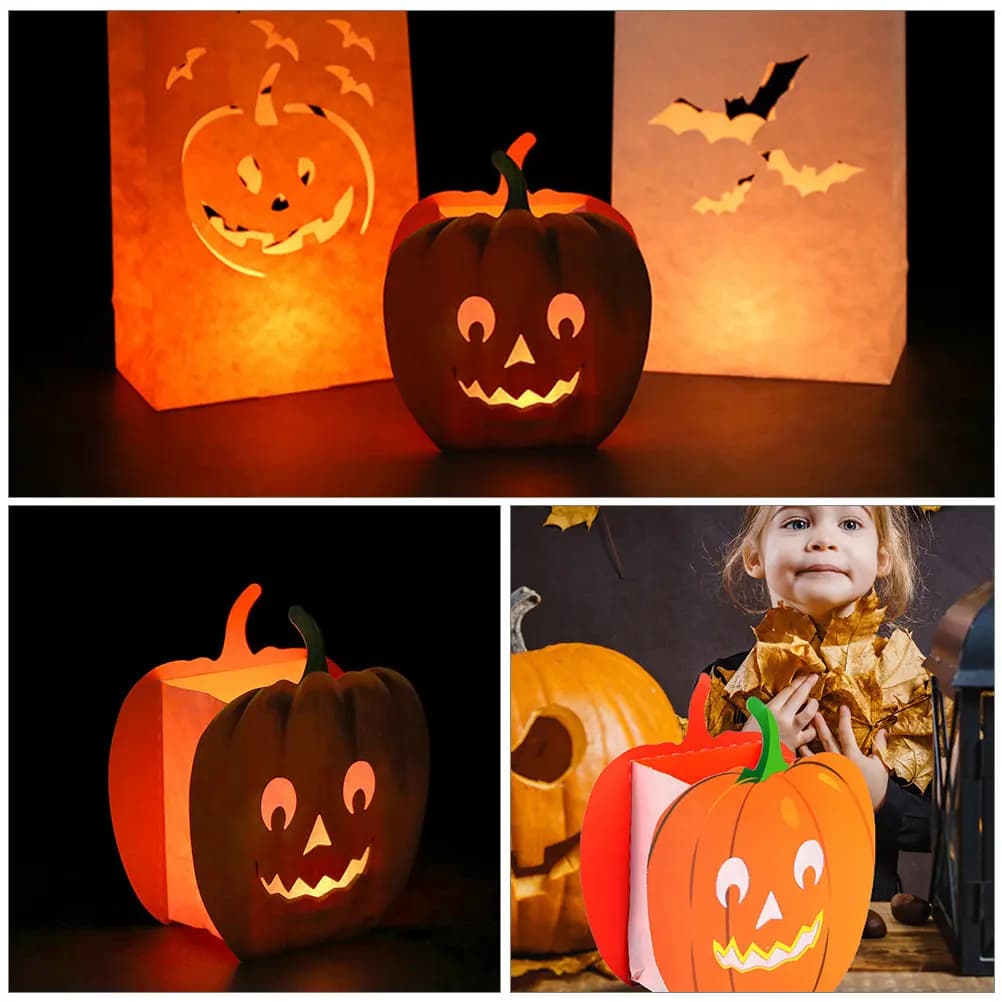 12Pcs Pumpkin Lantern Bags Safe Non Paper Hollow Carved Design for LED Tea Lights Halloween Scene Decor