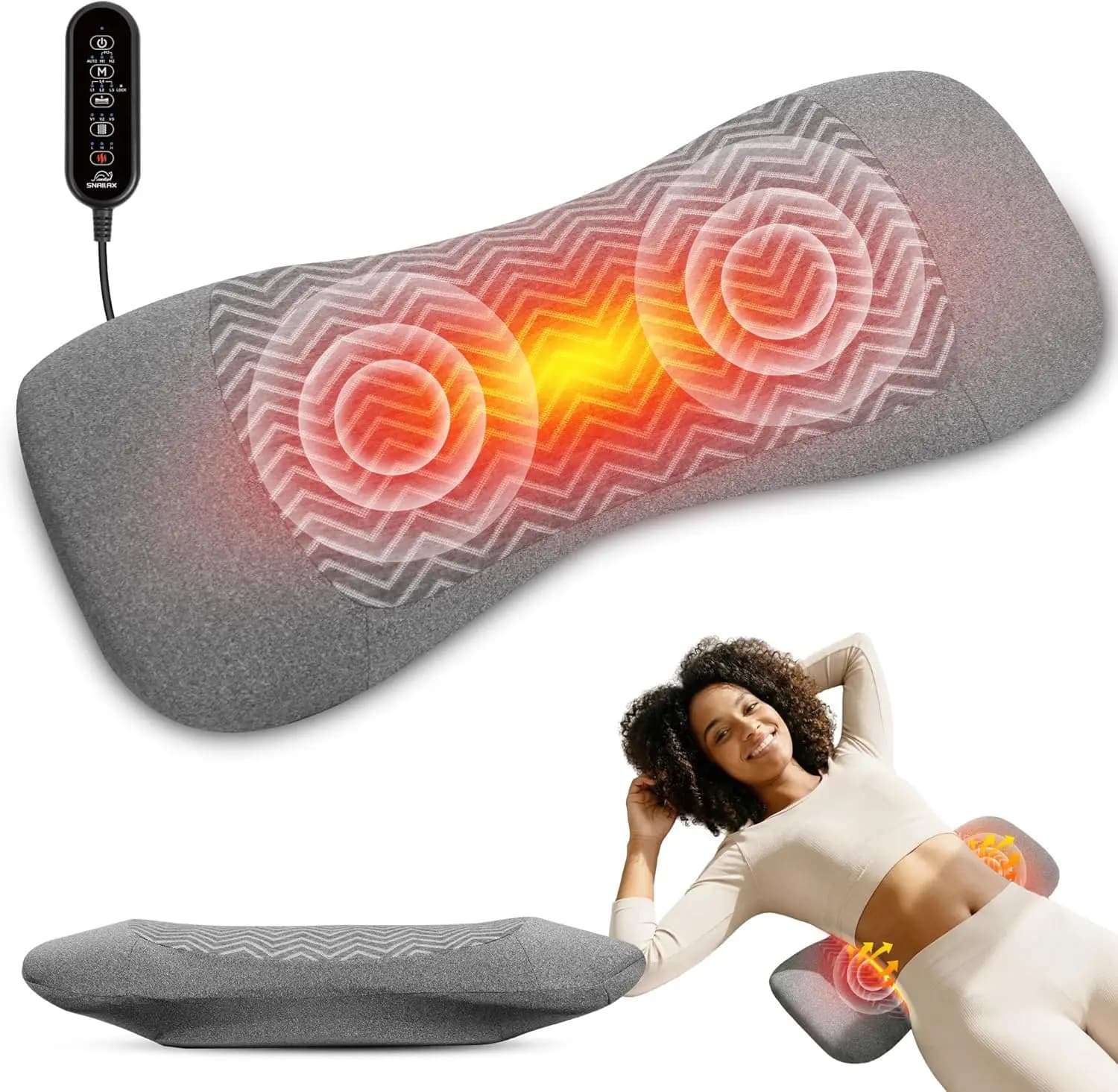 Cuscino Lombare Ricaricabile 3-in-1 con Calore e Vibrazione, Sollevamento ad Aria Regolabile, Ampio Cuscino per Schiena per Letto e Sedia