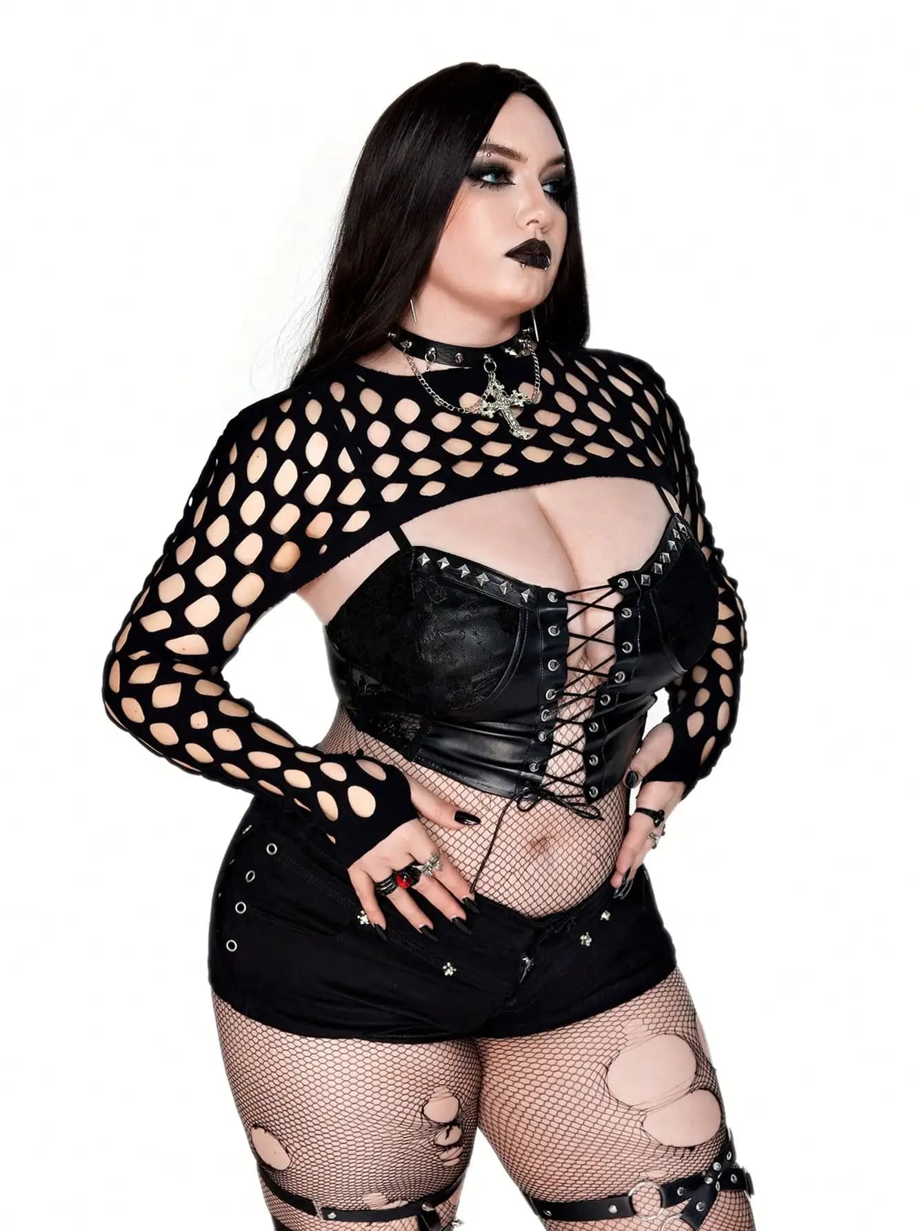 Top sexy da donna in stile gotico punk a maniche lunghe con scollo a V super corto per discoteca