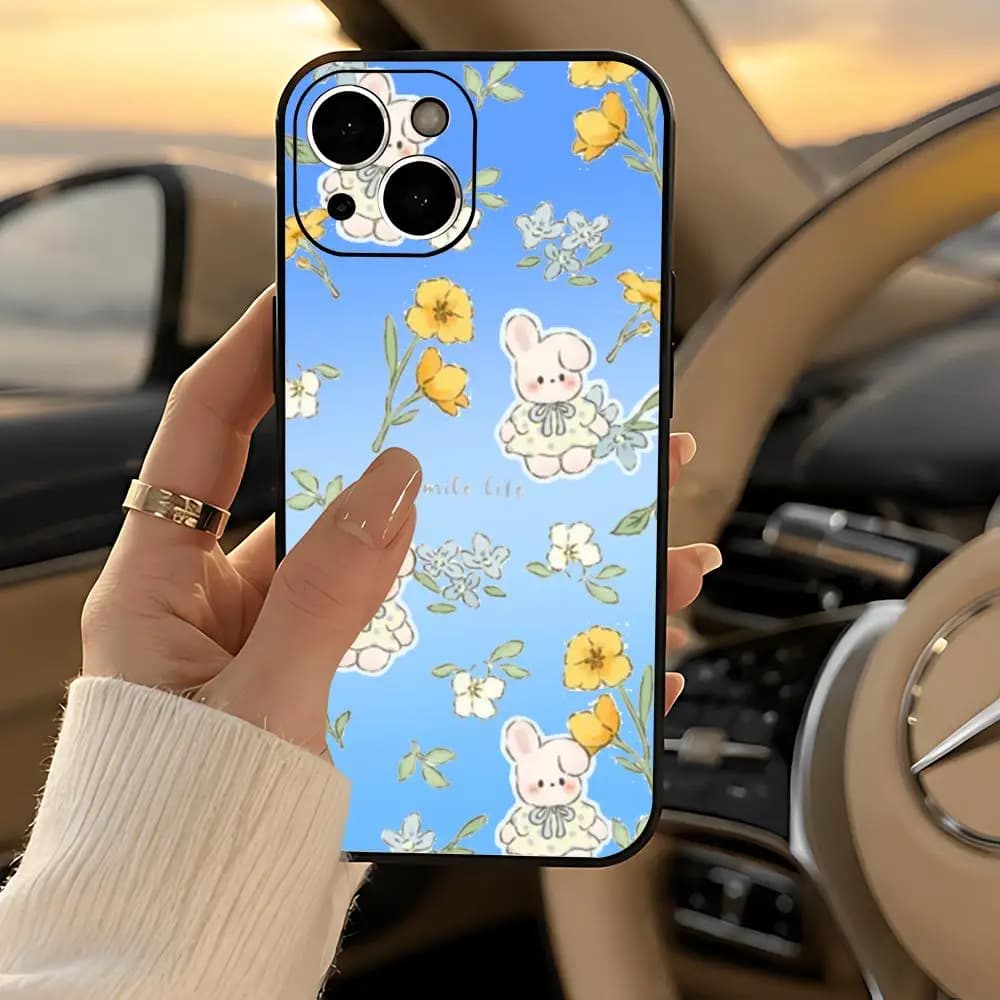 animal C-Cute little rabbit with lines Phone Case Black Heavy-Duty Matte Shockproof Soft Case for iPhone 13/14/15/16/17 Pro Max
