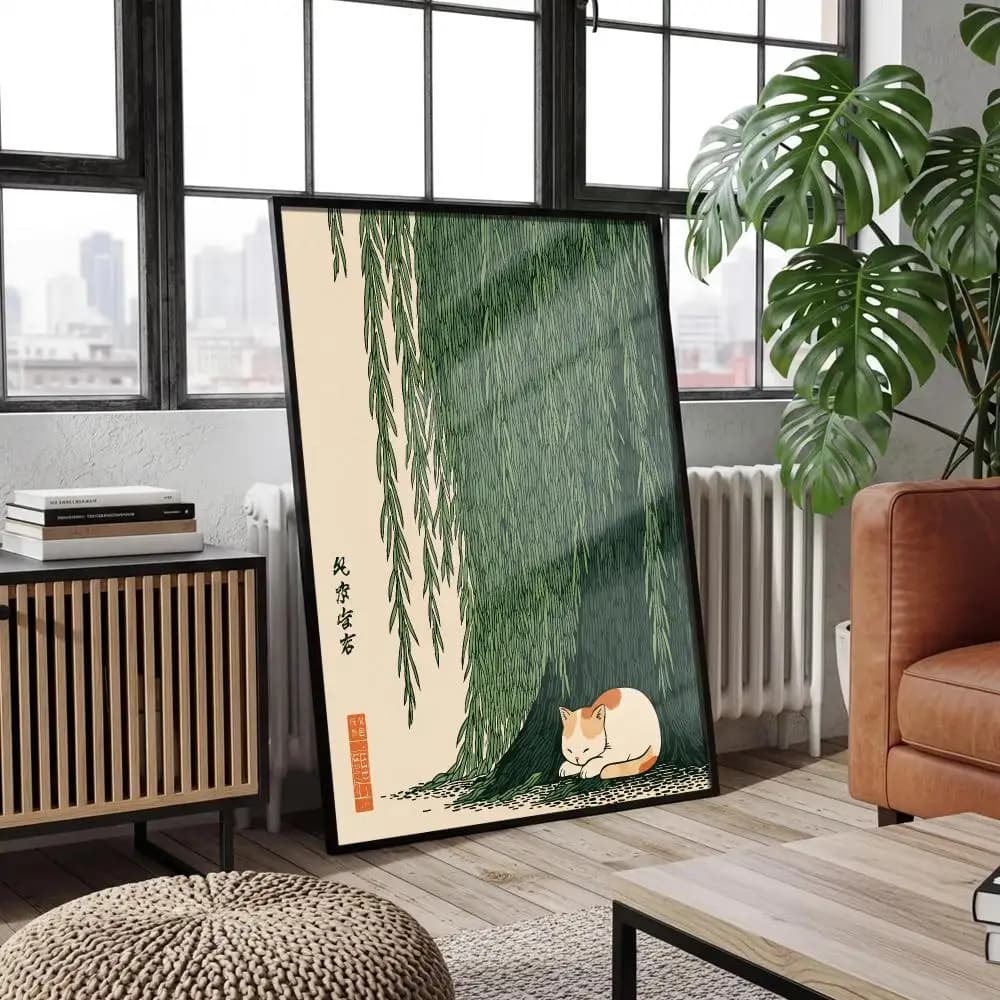 Cat Under Willow Tree Poster Cover For Room Canvas Painting Print Art Home Wall Decor Picture Gift