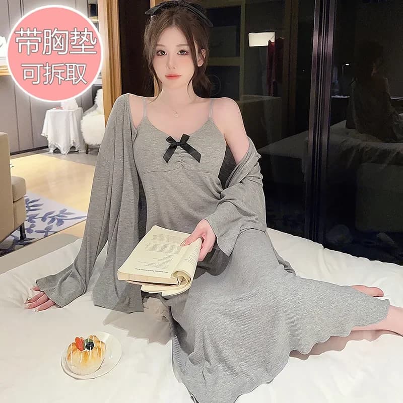 100KG Plus Size Modale Robe Strap Pettorina Camicia da notte Abito da notte Donna Primavera Due pezzi Pigiama Set Coreano Solido Abbigliamento esterno per la casa