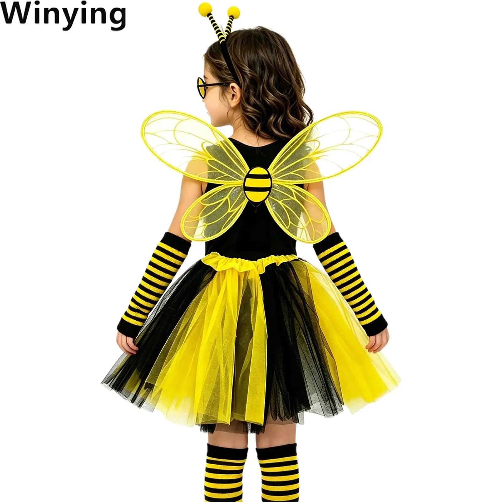 Kids Girls Faux Bee Wings Tutu Skirt Stockings with Headband Gloves And Sunglasses Set for Stage Performance Halloween Coslpay