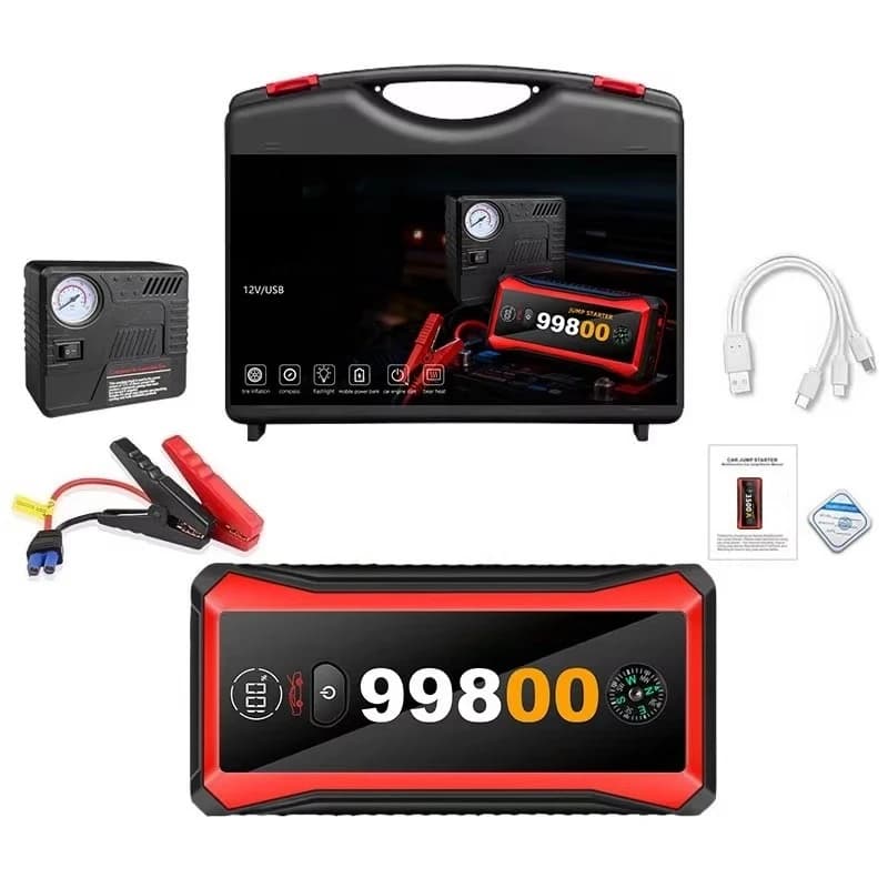 Avviatore d'Emergenza Portatile 1000A con Compressore d'Aria, Power Bank e Gonfiatore Pneumatici per Auto