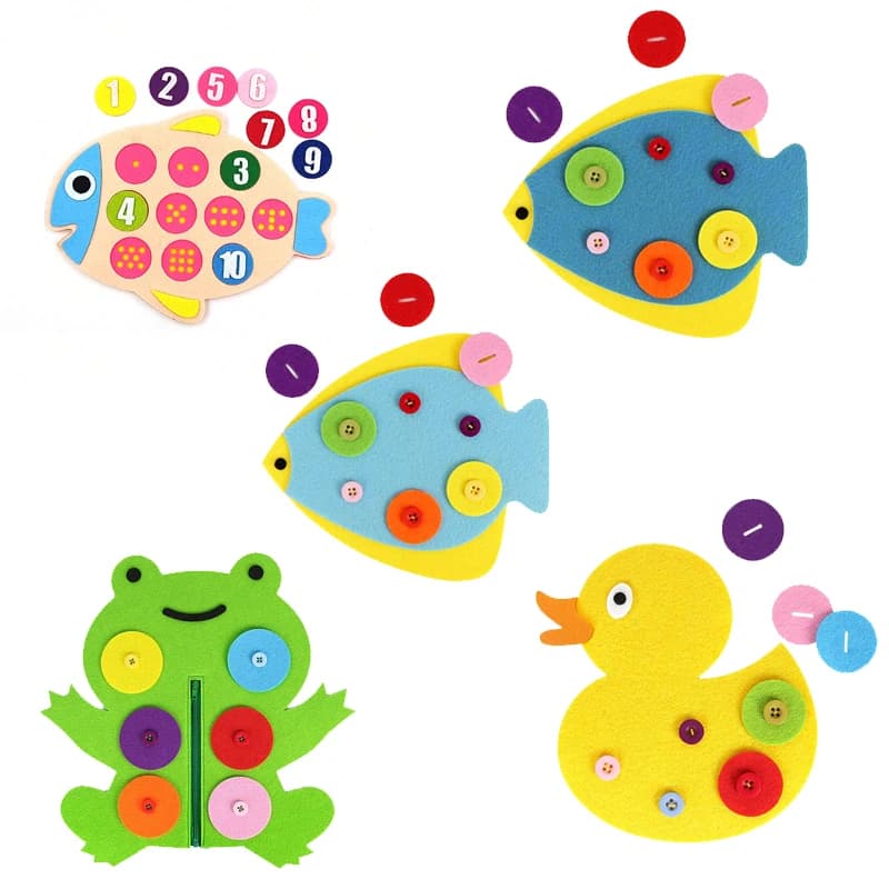 DIY Nonwoven Fabric Material Package Tie Button Puzzle Felt Little Fish Frog Duck Children Early Education Puzzle Toys TMZ