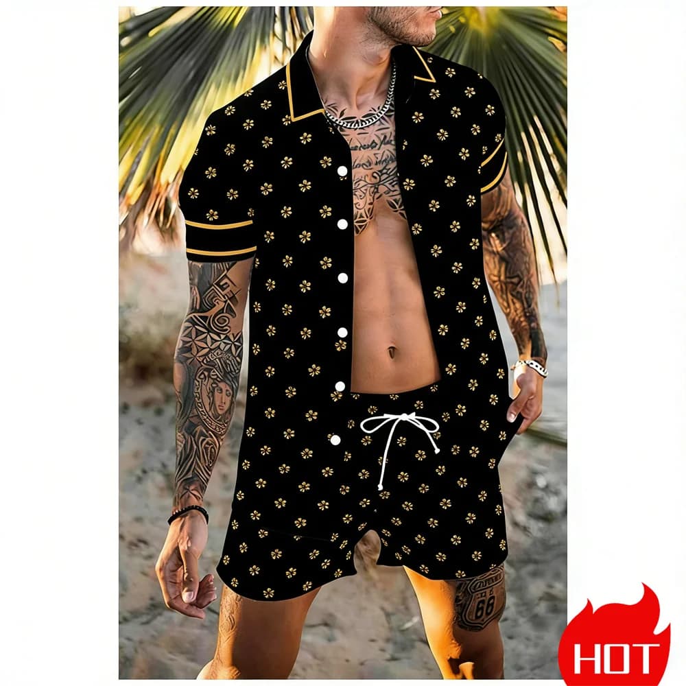Complete with 2 Pieces/Set: Men's Sporty T-shirt in Short Sleeves with Fun Caveman Print and Wide Shorts with Coulisse - Hawaiian Style