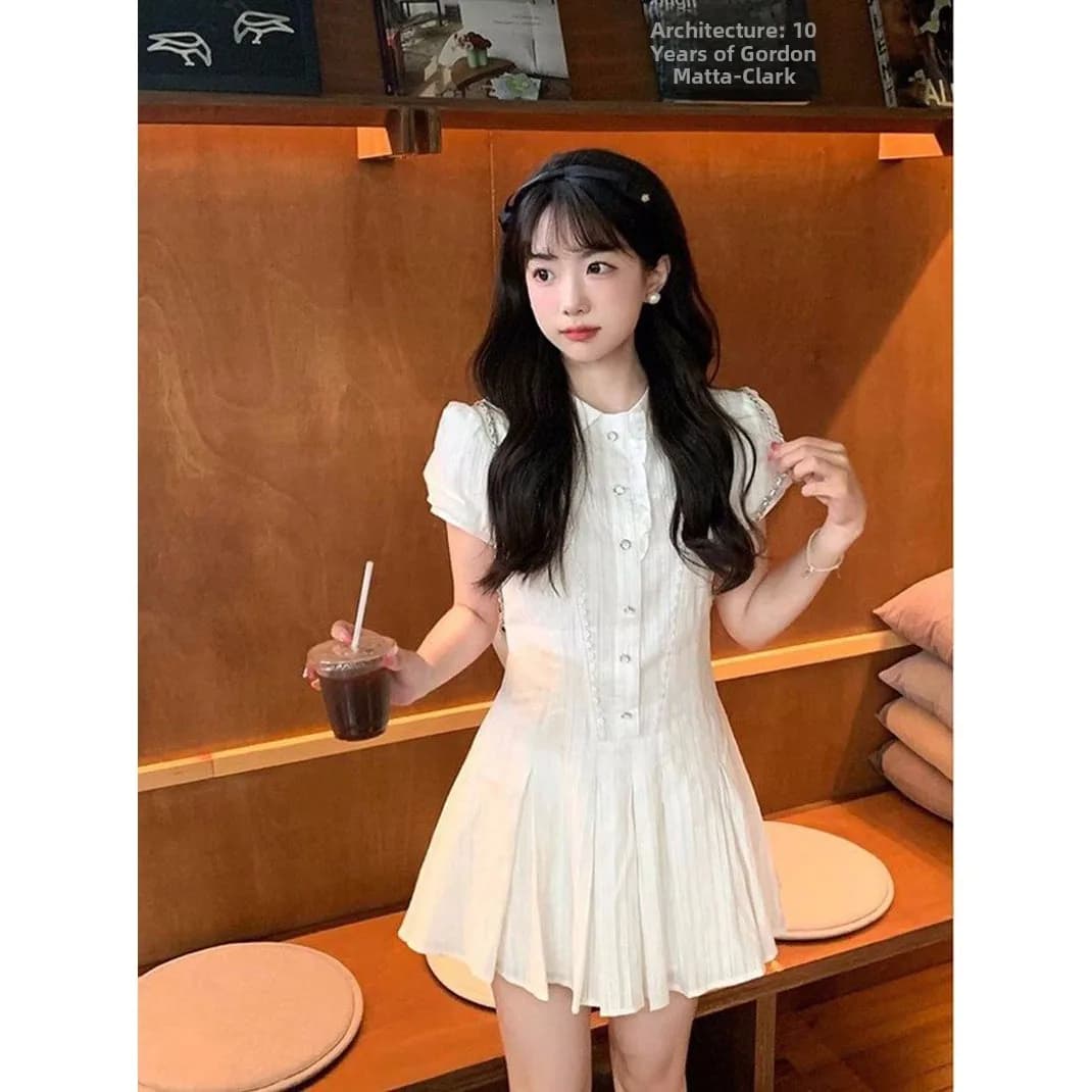 White Slimming Summer Dress Short Skirt for Women Cute Dress A-Line Silhouette Short Sleeve Invisible Zipper Back