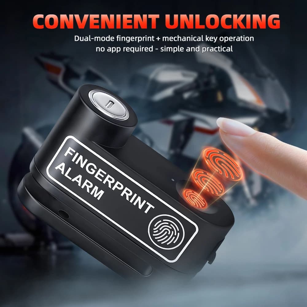 Blocco Freno a Disco 120dB con Allarme Impronta Digitale e Chiavi, Antifurto Ricaricabile per Moto, Accessori per Motociclette