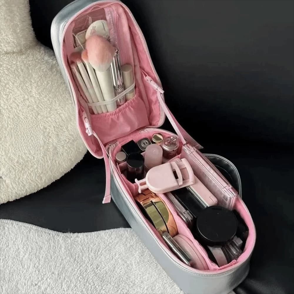 PU Leather Silver Makeup Bag Multi-functional Large Capacity Vertical Toiletry Handbag Detachable Waterproof
