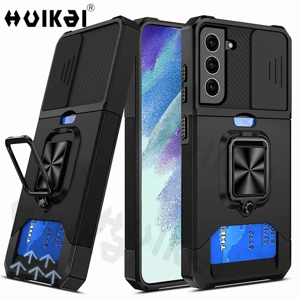 Custodia protettiva a portafoglio di grado militare per Samsung Galaxy S23 FE S24 S23 Ultra S21 Nota 20 A54 Supporto per fotocamera scorrevole Cavalletto