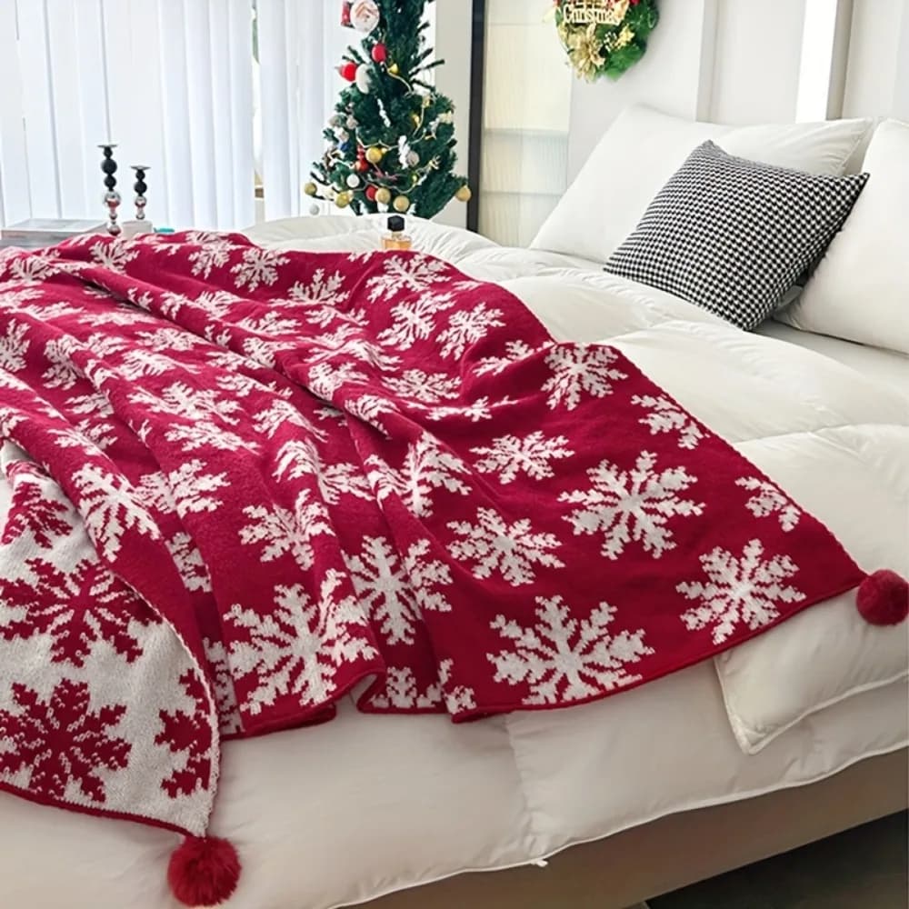 1 pezzo di coperta rossa per matrimonio di Natale con stampa di fiocchi di neve, coperta delicata sulla pelle per la decorazione del soggiorno di casa, regalo di Natale di Capodanno