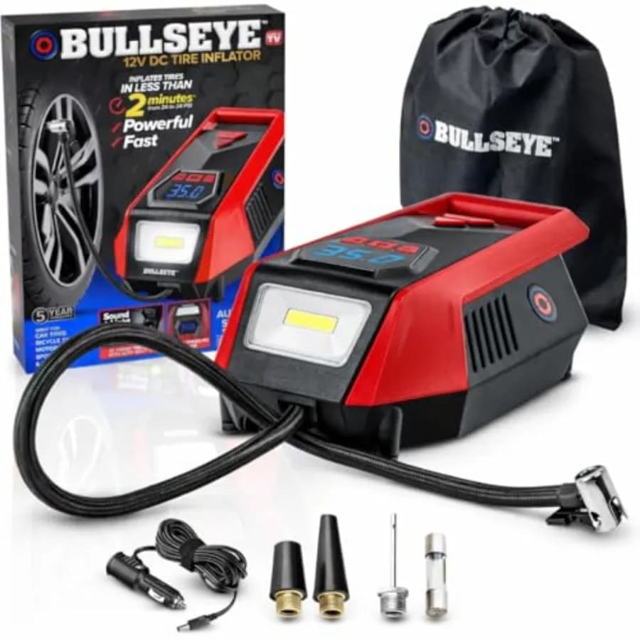 Compressore d'aria portatile Bullseye 12V DC per pneumatici auto - Gonfiaggio rapido in 2 minuti, spegnimento automatico, max 150 PSI, facile stoccaggio del cavo