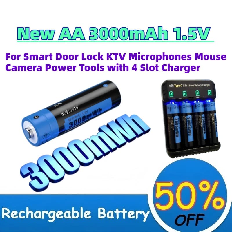 New AA 3000mAh 1.5V Li-ion Rechargeable Battery for Smart Door Lock KTV Microphones Mouse Camera Power Tools with 4 Slot Charger
