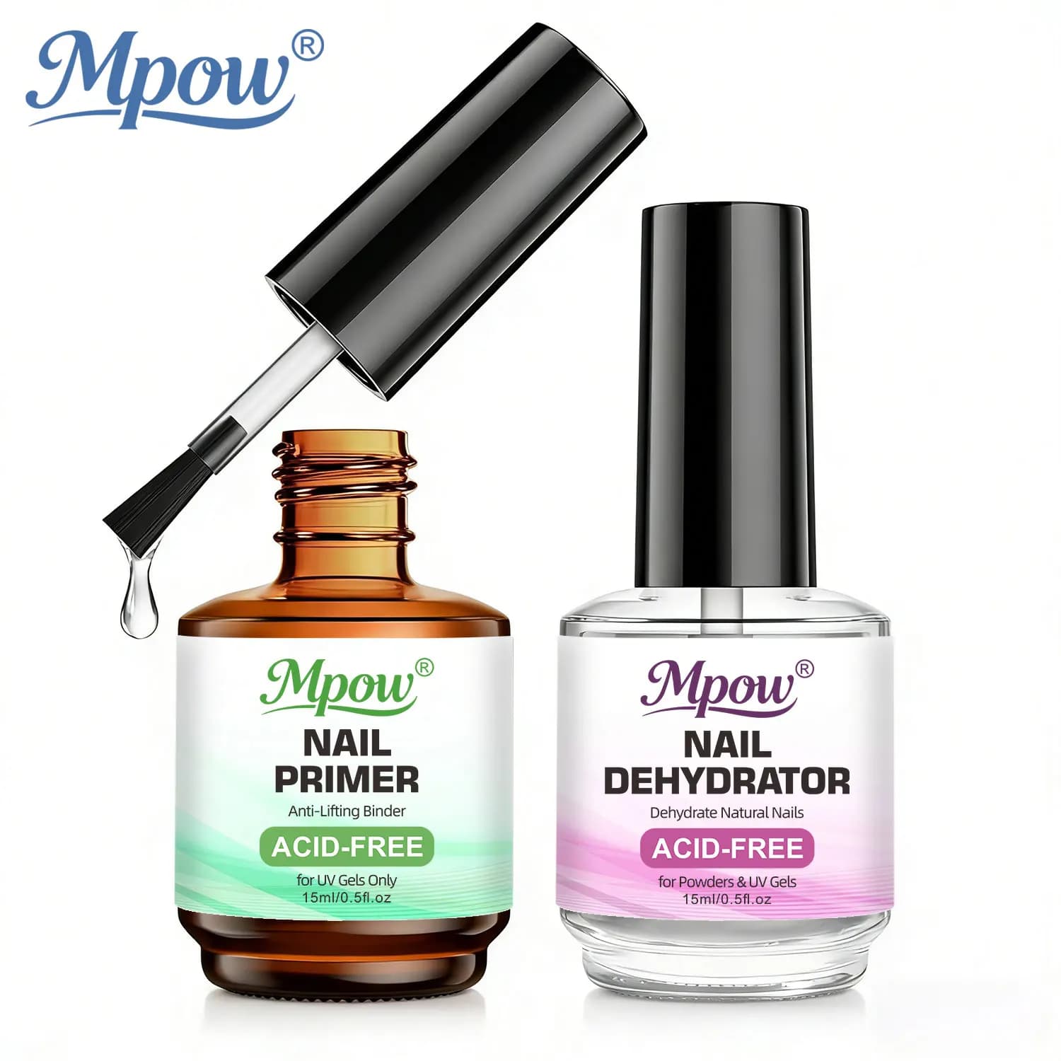 Mpow Set da 1/2 Pezzi: Deidratante per Unghie da 15ml e Primer Senza Acidi per Smalto Gel, Base Coat Soak Off UV LED, Strumento per Manicure e Nail Art