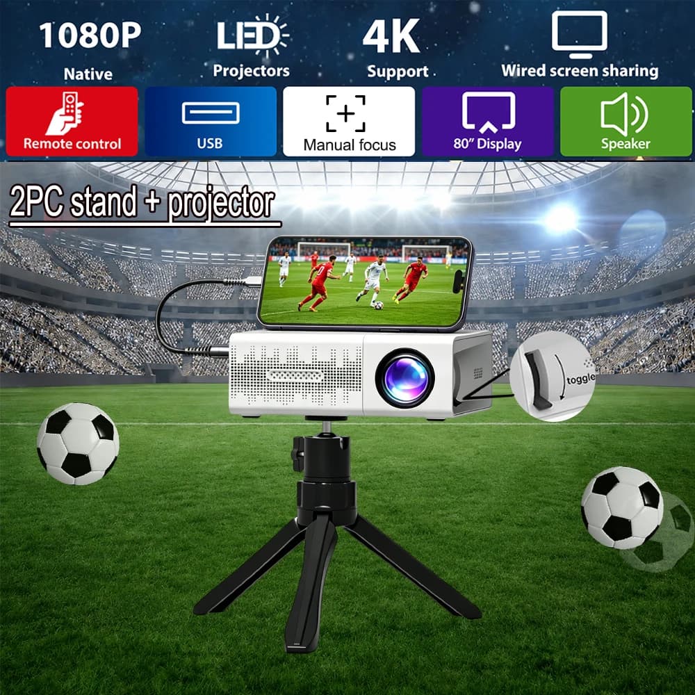 2PC stand + mini portable,projector 4K decoding 720P 150 ANSI supports MicroSD/USB/HDMI/3.5mmheadphone jack Mini Projector+Stand
