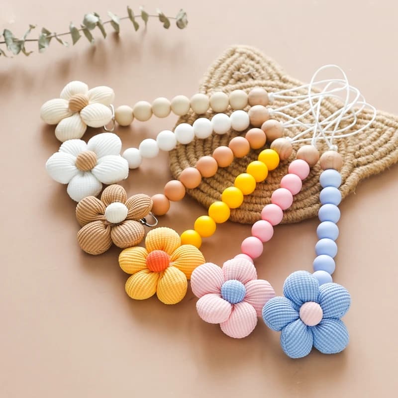 Clip a catena per ciuccio con fiore fatto a mano per bambini Clip per capezzoli fittizie perline in Silicone catena per dentizione giocattolo per forniture da masticare per neonati