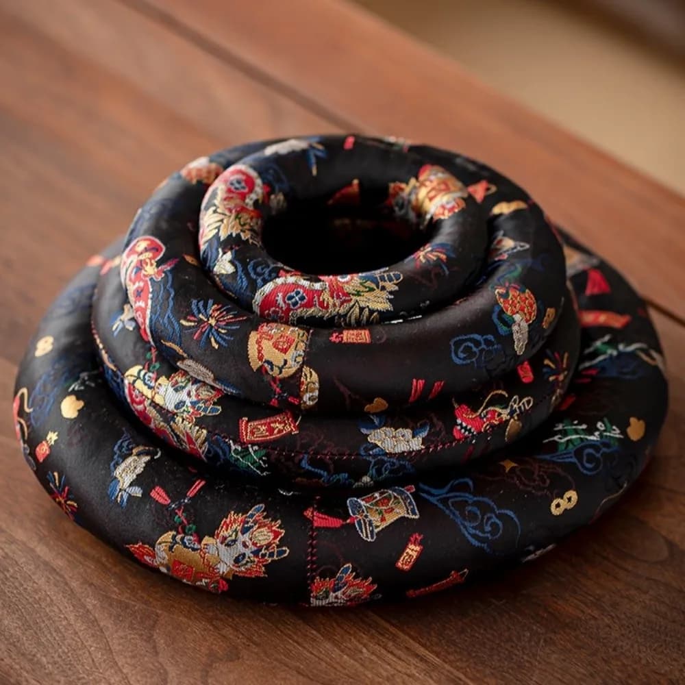Nepalese Dragon Design Singing Bowl Mat Brocade Donut Shape Sound Copper Out Mat Traditional Non Slip Wooden Fish Coaster