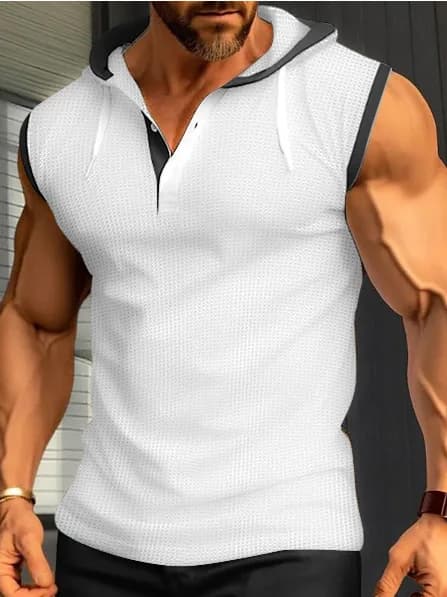 T-Shirt Senza Maniche con Cappuccio per Uomo, Comoda e Traspirante in Poliestere, Chiusura con Zip, Design Stampato per Uso Quotidiano