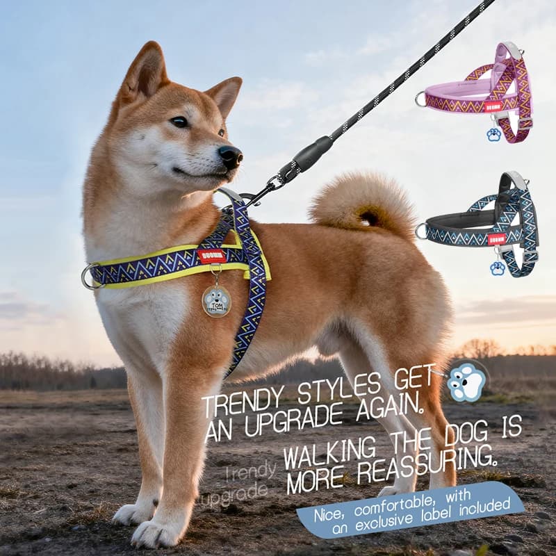Saddle Style Dog Harness for Walking Escape Proof Triangle Geometric Pattern Reflective Pet Stylish Vest Harness Outdoor Travel
