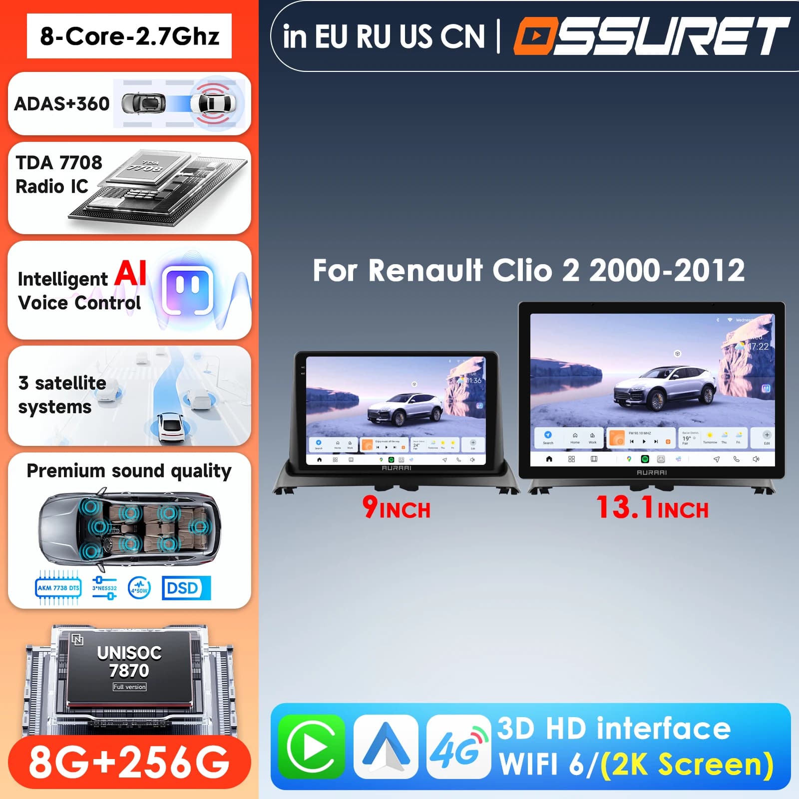 HD 2K Screen for Carplay Android Auto Radio GPS for Renault CLIO 3 2005-2014 Car Multimedia Player 7870 Aura Intelligent Systems
