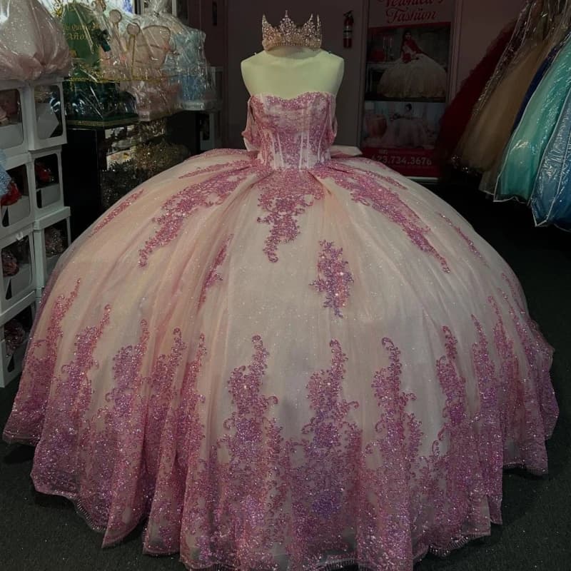 Abito da ballo rosa lucido Abiti Quinceanera con spalle scoperte Applique con paillettes Perline di pizzo Fiocco Tull Festa di compleanno Dolce 16 Abito gilet