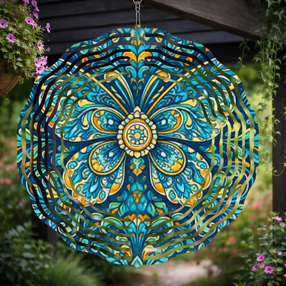 Bohemian Mandala Wind Chimes, Blue Flower Bell, Durable Iron Outdoor Garden Decor, Soothing Sound Gift for Yard Patio