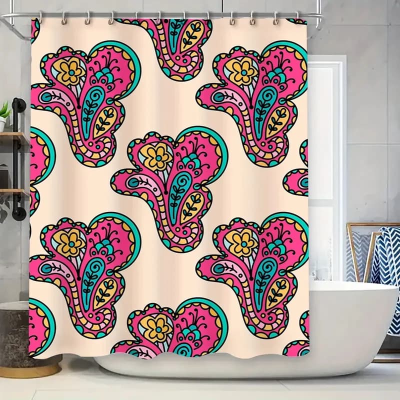 Pink Blue Floral Shower Curtain Decorative Waterproof Bathroom Accessories Set for Home Decoration Modern Boho Pattern with Gree