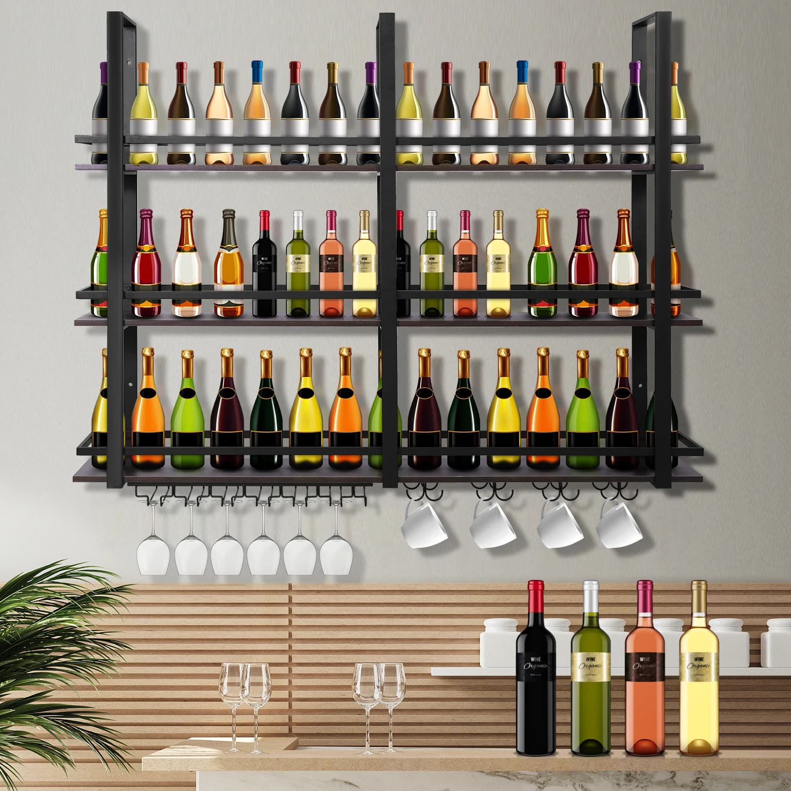 Portabottiglie da parete con portabicchiere Barra sospesa Portaoggetti per liquori Scaffali per liquori da bar in metallo per sala da pranzo e cucina di casa