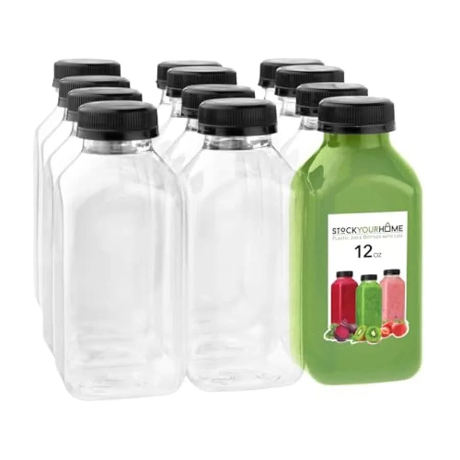 Bottiglie per succo da 12 oz con tappi per succhi di frutta, confezione da 12 - Bottiglie d'acqua in plastica trasparente vuote e riutilizzabili - Contenitori per bevande per mini frigorifero