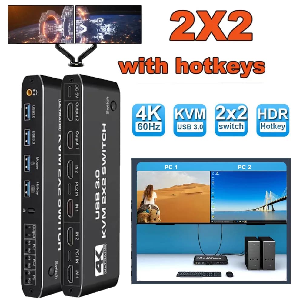 Dual Monitor 2x2 4K 60Hz Kvm Switchk Extended Display USB KVM Switcher 2 out for 2 computers Share 2 monitors Compatible with HDMI