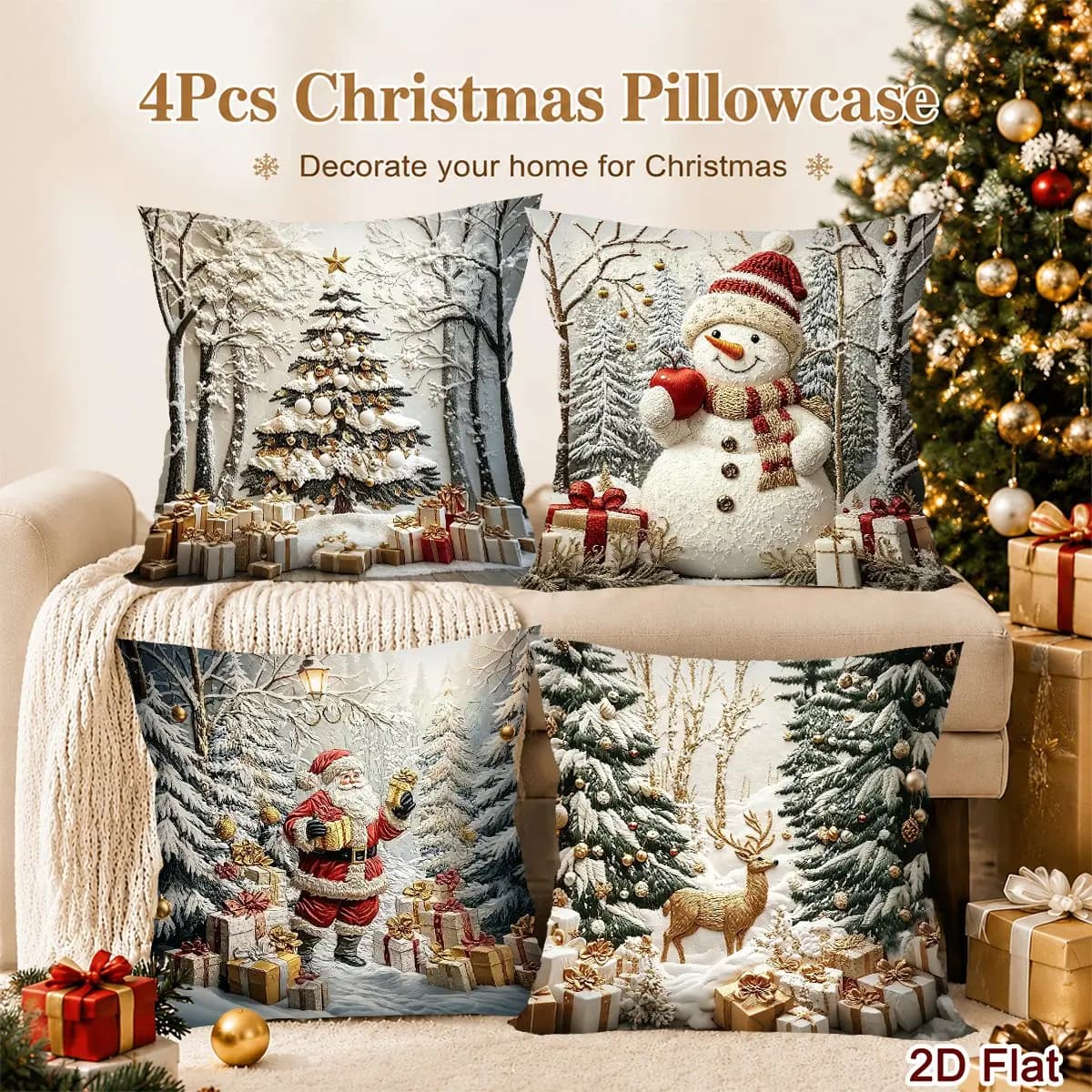 4pcs Christmas Throw Pillow Cover Winter Snow Forest Decorative Pillowcase for Home Sofa Bedroom Decor Christmas Gifts No Core