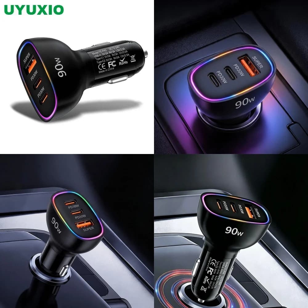 Super Fast Charging 90W Car Charger Multi Port Dual PD 30W Type C USB A 30W Power Adapter PPS QC3.0 SCP RGB Ambient Light LED