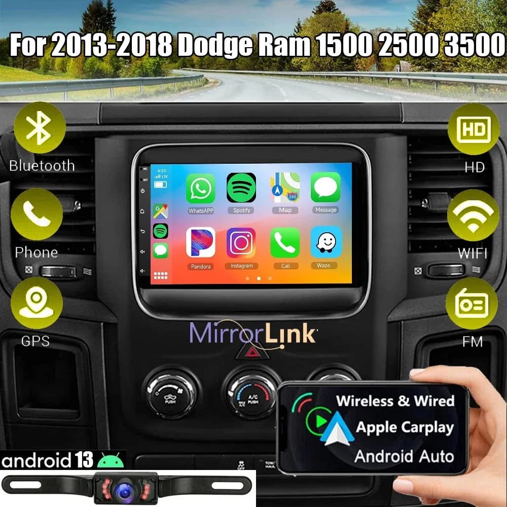 Autoradio Touchscreen 7 Pollici Android 13 2+32G Multimedia GPS Navigazione Supporto Wireless Carplay Bluetooth WiFi FM RDS SWC DSP EQ Telecamera Posteriore Per Dodge Ram 2013-2018 1500 2500 Accessori Auto