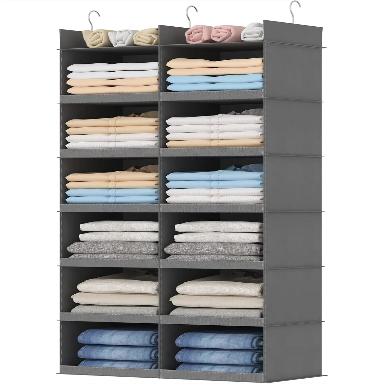 Organizzatore appendiabiti a doppia fila con 12 sezioni e ganci robusti, scaffali pieghevoli per camera da letto, grigio