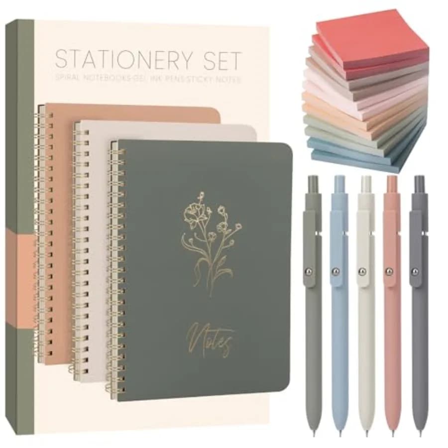 Cute Spiral Notebook Set For Women, Bible Journal Set, 3 Pack A5 Spiral Notebook + 5 PCS Gel Pens + 600 Sticky Notes + Gift Box