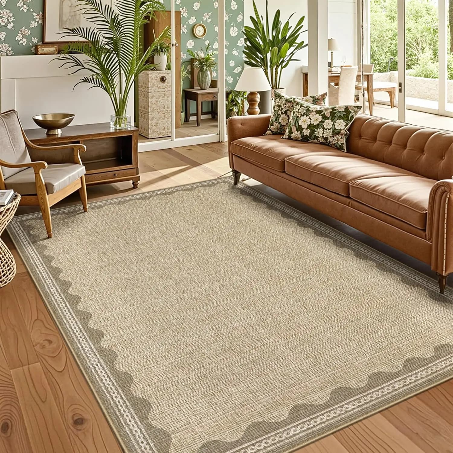 Natural Jute Look Border Rug Beige Weave with Decorative Trim Rustic Chic Living Room Carpet